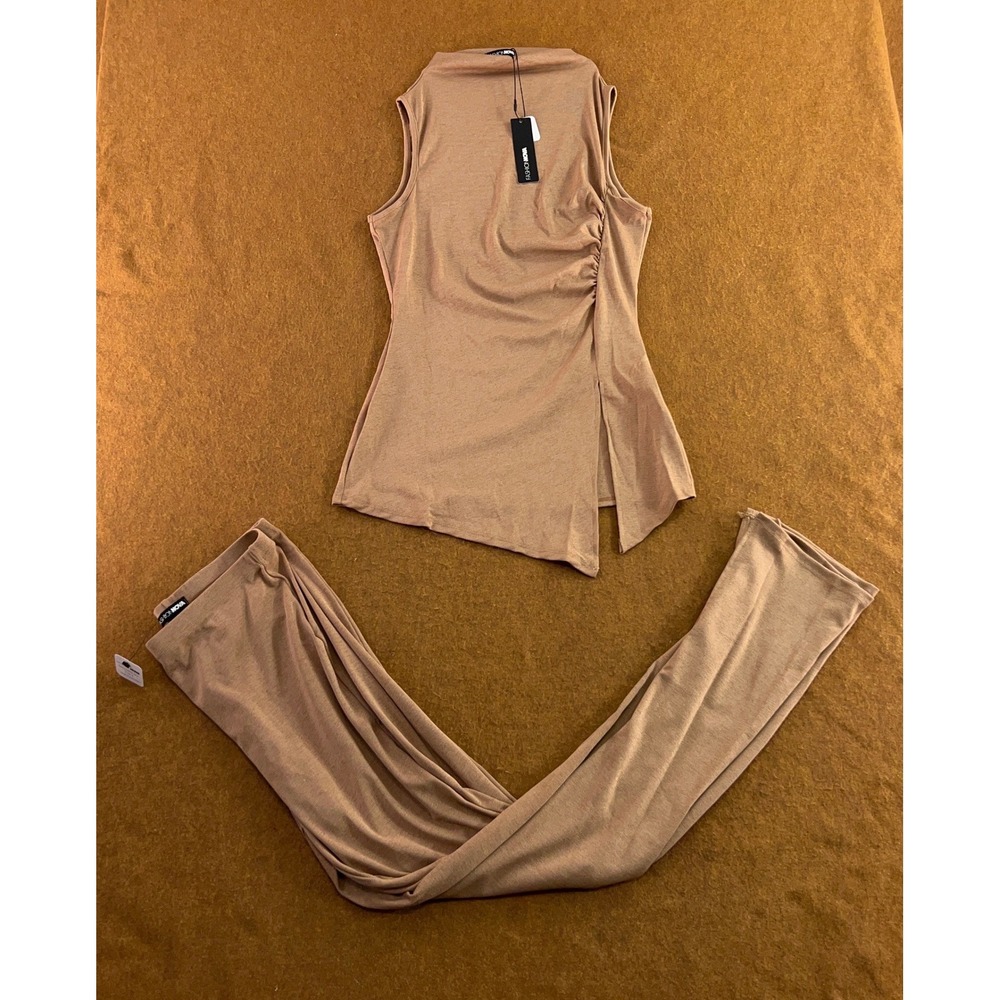 Fashion Nova Womens XL Mocha Lilly Ruched Mock Neck Top & Pants Set NWT